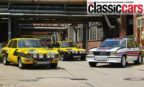 Der Opel Ascona A/Opel Kadett C GT/E 16V/Opel Ascona B 400 statisch von schräg vorne fotografiert.