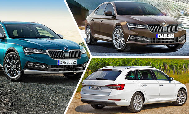 Kollage mit Skoda Superb Scout, Skoda Superb Limousine und Skoda Superb Combi