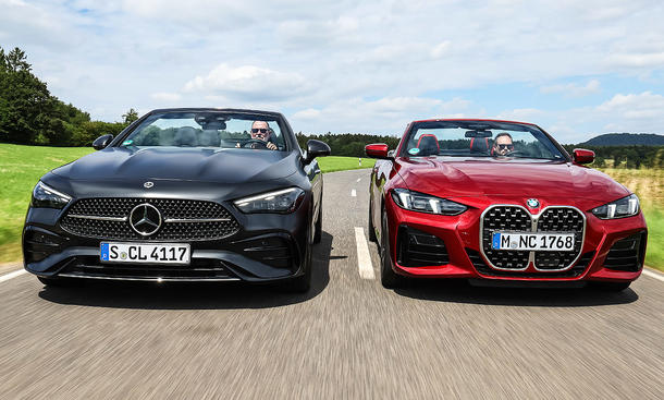 Mercedes CLE Cabriolet/BMW 4er Cabrio; Außenansicht; fahrend; Gruppenbild; Cabrios; Frontansicht