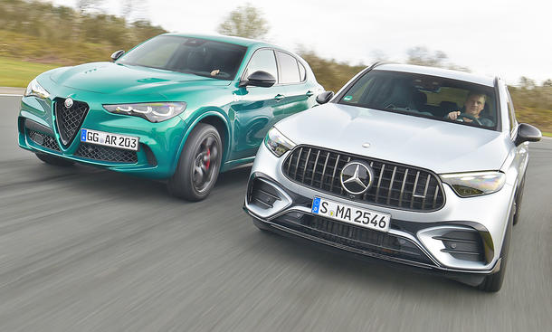 Alfa Romeo Stelvio Quadrifoglio Q4/Mercedes-AMG GLC 63 S E Performance; fahrend von vorne rechts