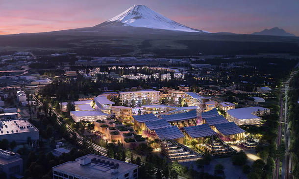 Draufsicht auf Toyotas Woven City, mit dem Berg Fuji im Hintergrund