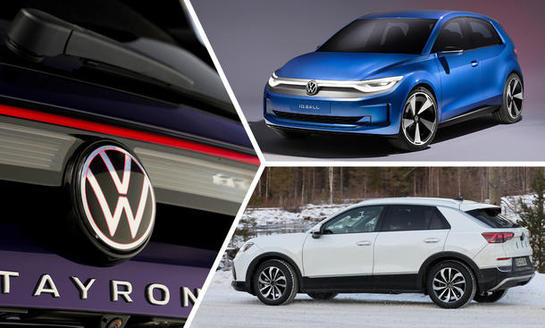 Eine Collage aus einem Detailfoto des VW Tayron, einer offiziellen Illustration des VW ID.2 und einem Erlkönigfoto des VW T-Roc.