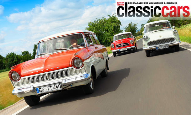 Ford Taunus 17M Turnier, Borgward Isabella Combi und Opel Rekord P1 Caravan fahrend von vorne