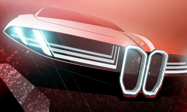 Künstlerische Computerillustration der BMW Vision Neue Klasse X (2024), Detailaufnahme der Front.