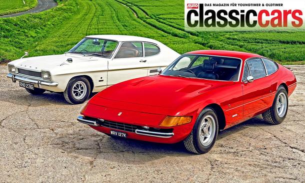 Ferrari 365 GTB/4 Daytona und Ford Capri stehend von schräg vorne