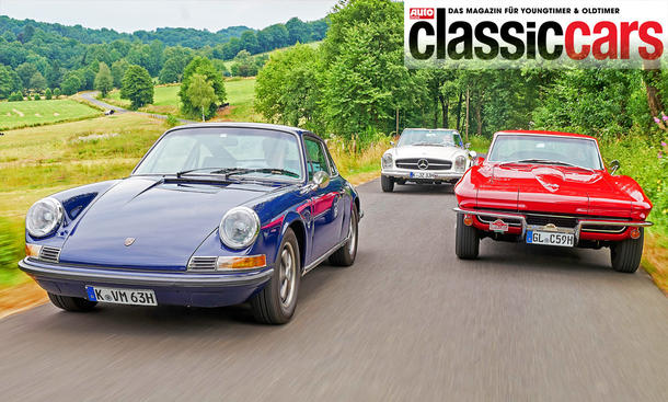 Porsche 911, Mercedes 250 SL und Chevrolet Corvette C2 fahrend von vorne.