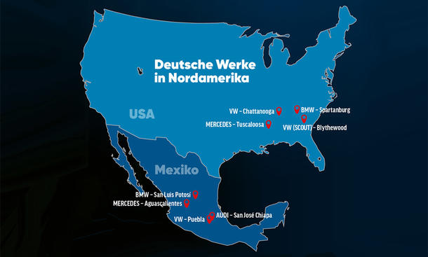 Deutsche Werke in Nordamerika auf einer Karte markiert.