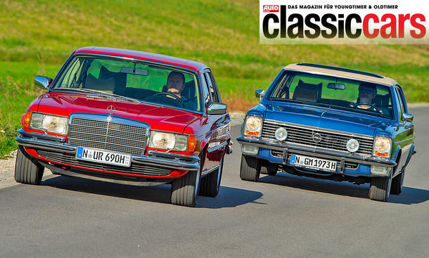 Mercedes 450 SEL 6.9 und Opel Diplomat V8 fahrend von vorne