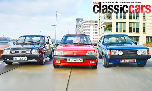 Der MG Metro Turbo, Peugeot 205 GTi und Talbot Sunbeam Lotus fahrend von vorne fotografiert.