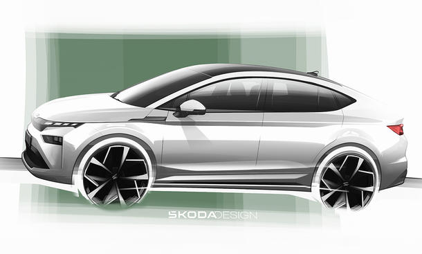 Designskizze vom Skoda Enyaq Coupé Facelift (2025), Ansicht von der Seite.