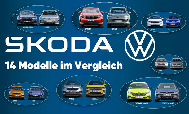 Skoda und VW im großen Markenvergleich; Collage von sieben Modellpaarungen