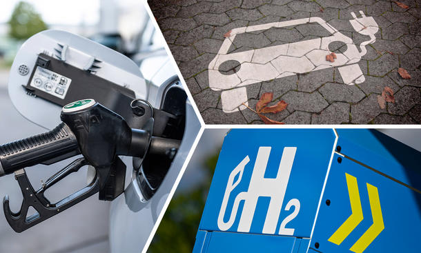 Eine Collage zeigt einen ins Auto eingesteckten Benzin- oder Dieselzapfhahn, einen Elektroauto-Parkplatz und die Beschriftung einer Wasserstoff-Zapfsäule.